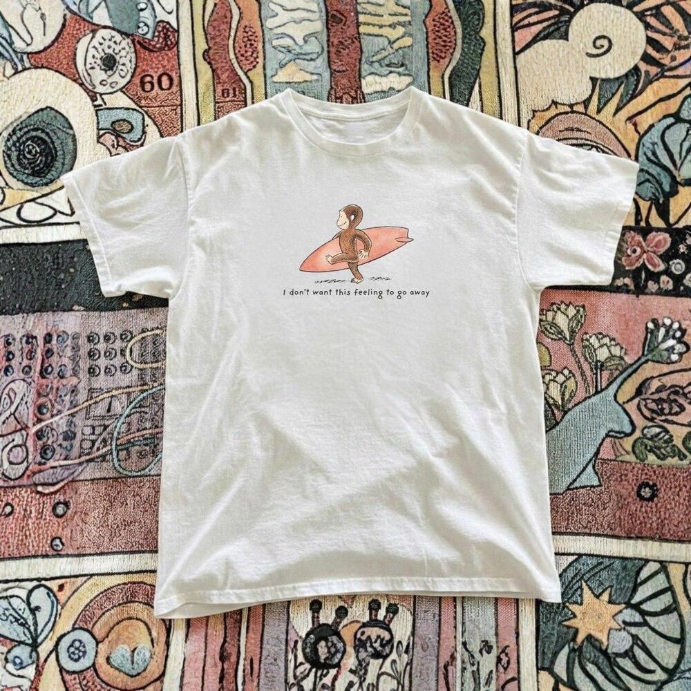 Curious George Surfboard Quote Vintage White Graphic T-Shirt